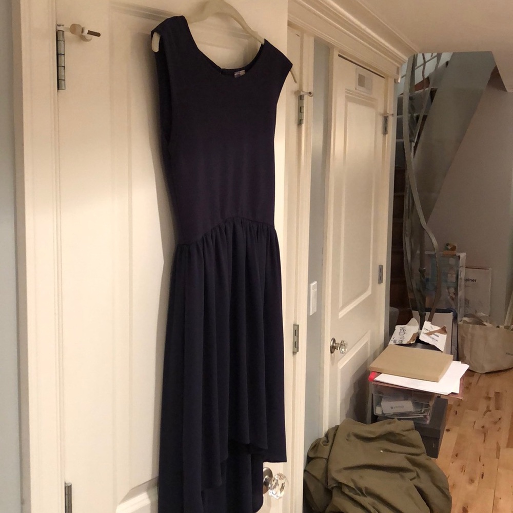 High low navy dress with open back